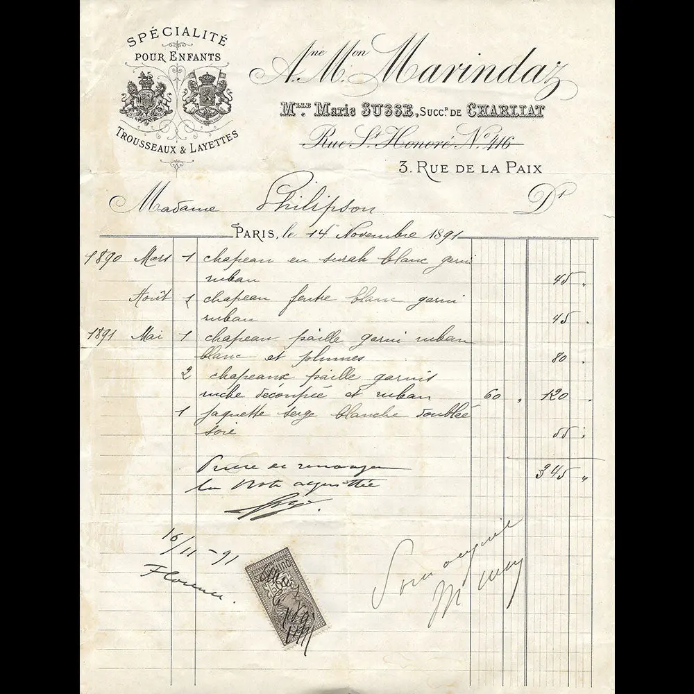 Marindaz - Facture De La Maison De Vêtements Pour Enfants, Madame Marie Susse, 5 Rue De La Paix À Paris (1891) 1
