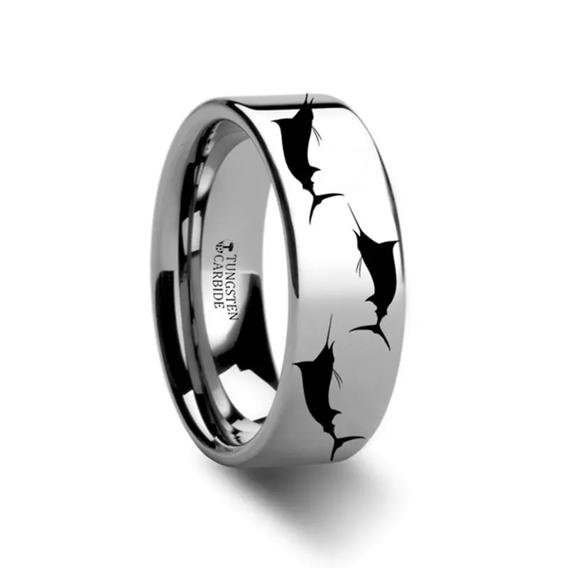 Marlin Fish Sea Pattern Print Engraved Flat Tungsten Wedding Ring For Men And Women - 4Mm - 12Mm 1
