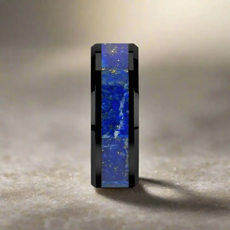 Marlow | Black Ceramic Ring, Blue Lapis Lazuli Inlay, Beveled 4