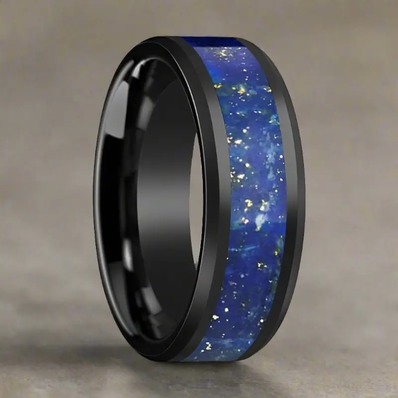 Marlow | Black Ceramic Ring, Blue Lapis Lazuli Inlay, Beveled 3