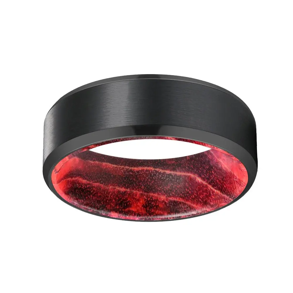 Marron | Black & Red Wood, Black Tungsten Ring, Brushed, Beveled 2