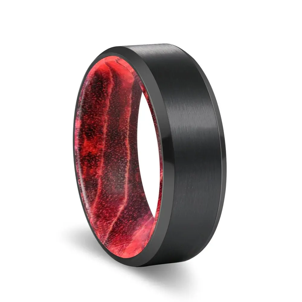 Marron | Black & Red Wood, Black Tungsten Ring, Brushed, Beveled 1