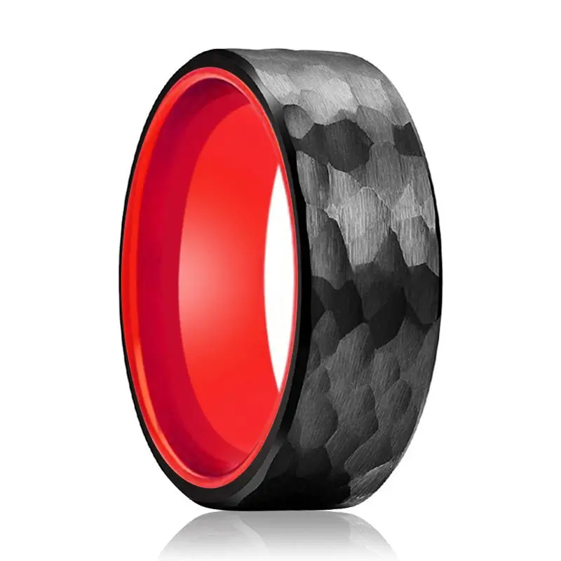 Mars | Red Ring, Black Tungsten Ring, Hammered, Flat 1