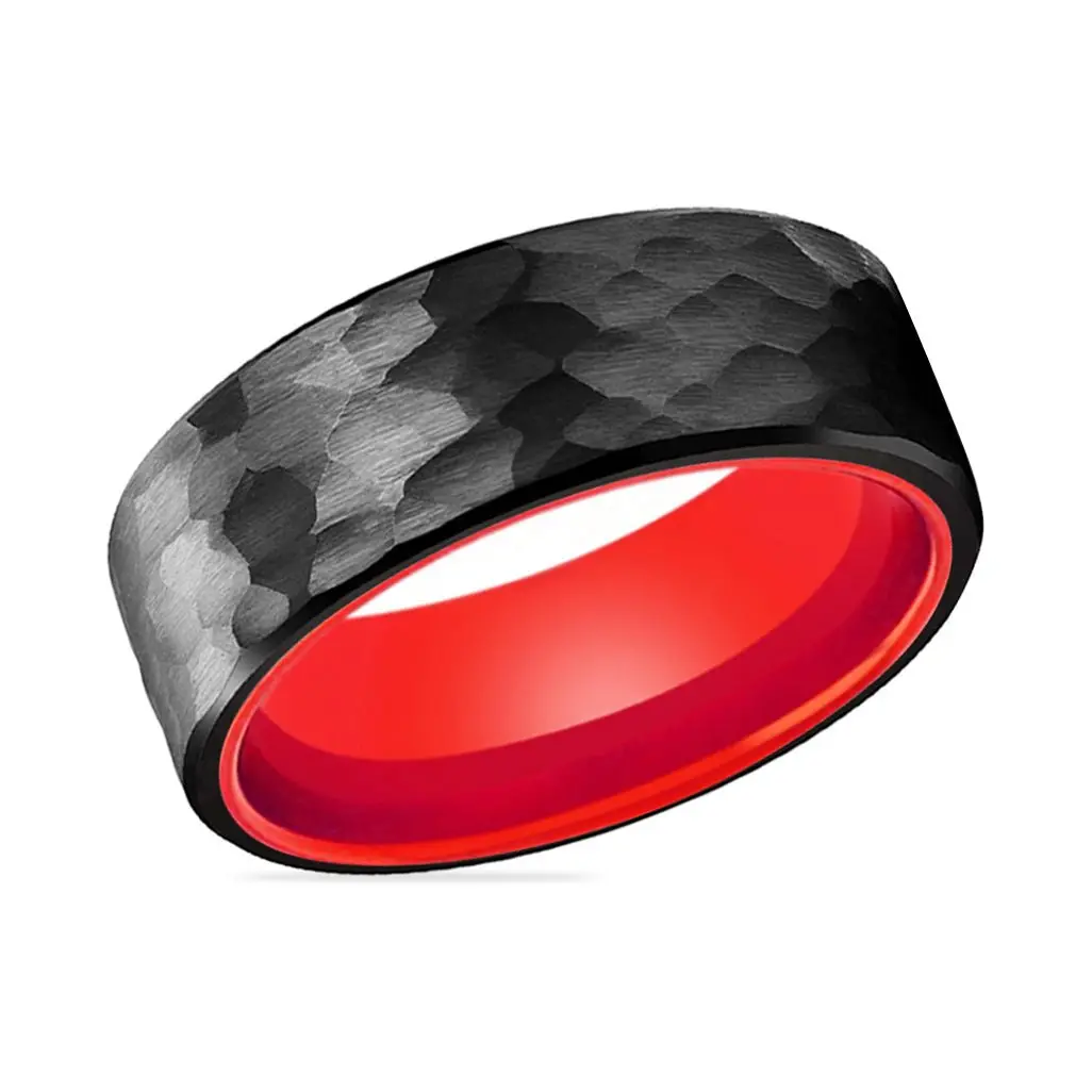 Mars | Red Ring, Black Tungsten Ring, Hammered, Flat 2