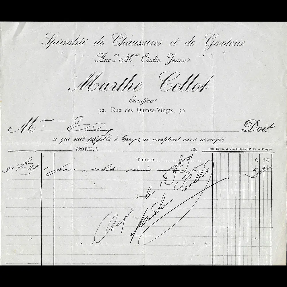 Marthe Collot - Facture De La Maison De Chaussures, 33 Rue Des Quinze Vingt À Troyes (1891) 1