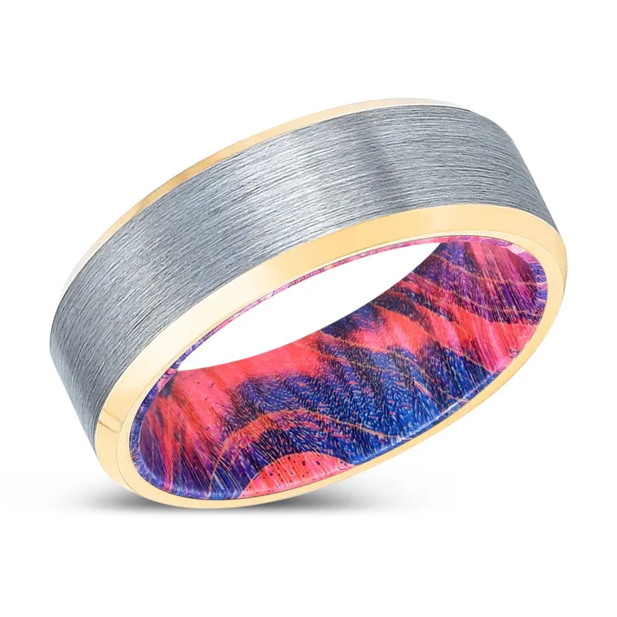 Marwan | Blue & Red Wood, Brushed, Silver Tungsten Ring, Gold Beveled Edges 2