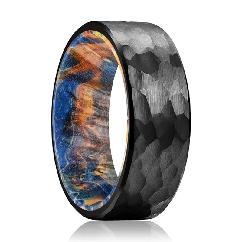 Mason | Blue & Yellow/Orange Wood, Black Tungsten Ring, Hammered, Flat 1