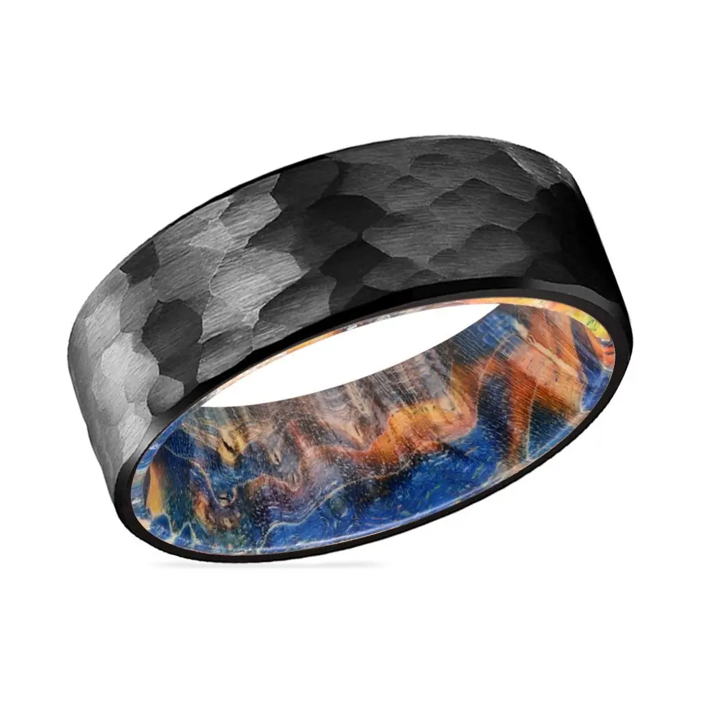 Mason | Blue & Yellow/Orange Wood, Black Tungsten Ring, Hammered, Flat 2