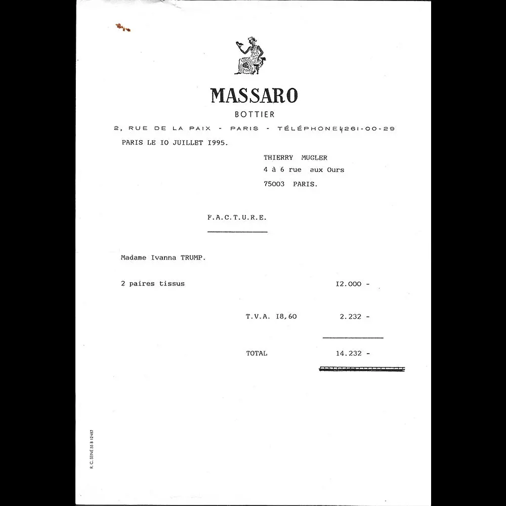 Massaro - Facture Adressée À Thierry Mugler Pour Ivanna Trump (1995) 1