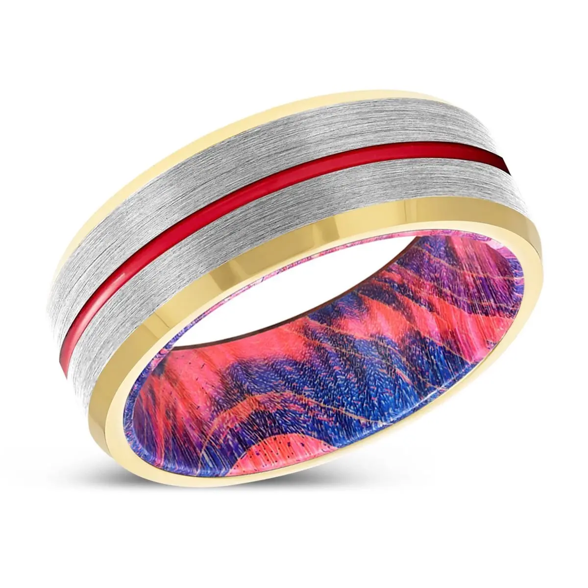 Mastery | Blue & Red Wood, Silver Tungsten Ring, Red Groove, Gold Beveled Edge 2