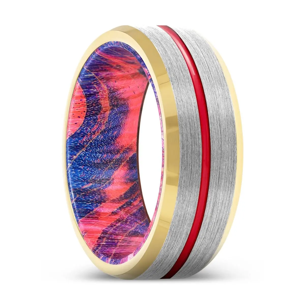 Mastery | Blue & Red Wood, Silver Tungsten Ring, Red Groove, Gold Beveled Edge 1