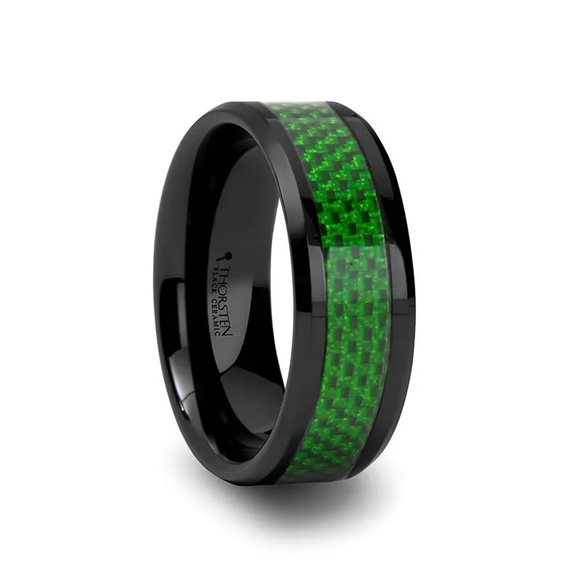 Matlal | Black Ceramic Ring, Green Carbon Fiber Inlay, Beveled 1