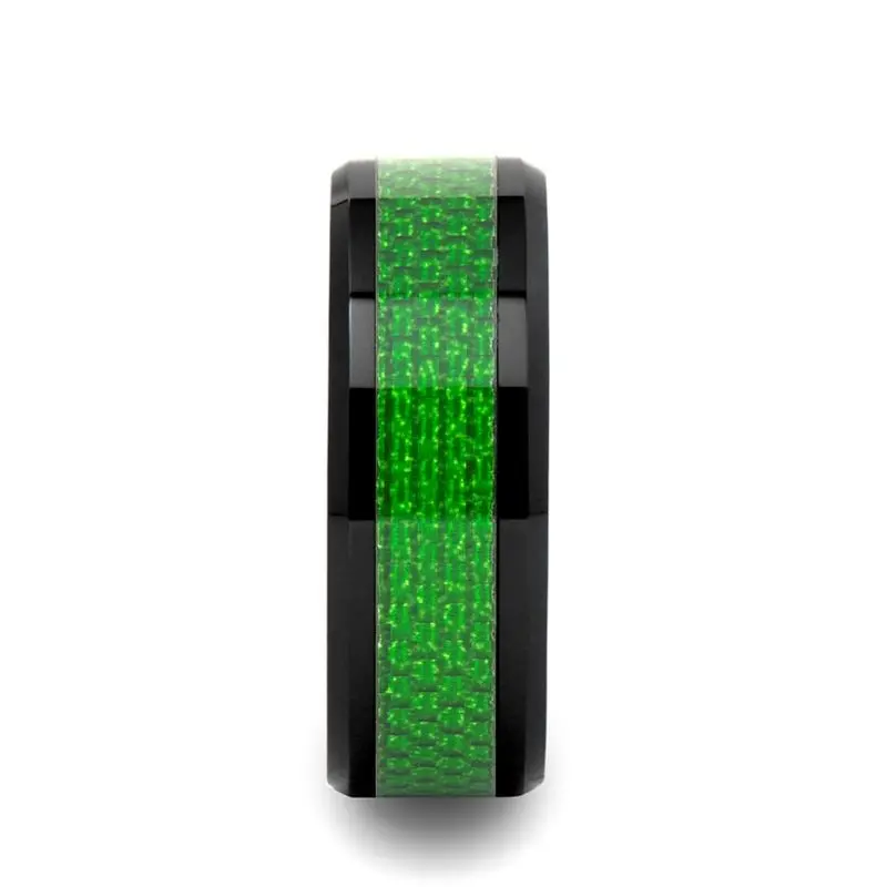 Matlal | Black Ceramic Ring, Green Carbon Fiber Inlay, Beveled 2