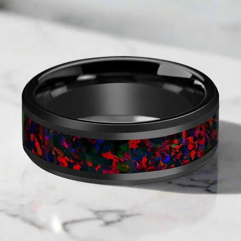 Matrix | Black Ceramic Ring, Black Opal Inlay, Beveled 2