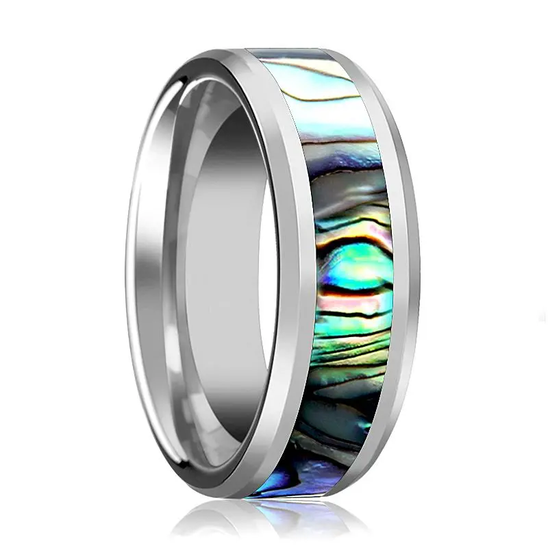 Maui | Silver Tungsten Ring, Mother Of Pearl Inlay, Beveled 1
