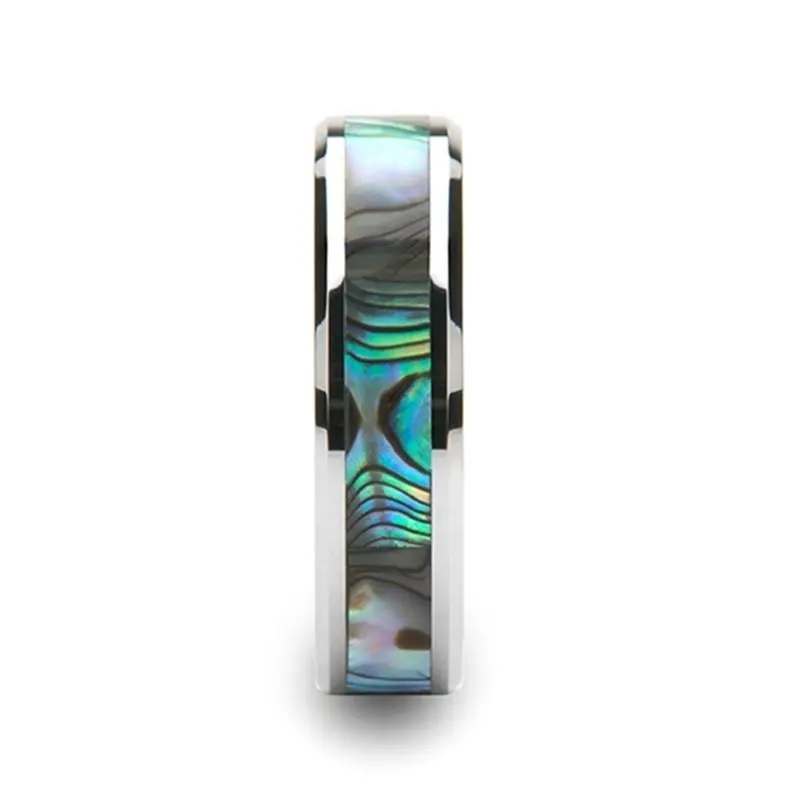Maui | Silver Tungsten Ring, Mother Of Pearl Inlay, Beveled 4
