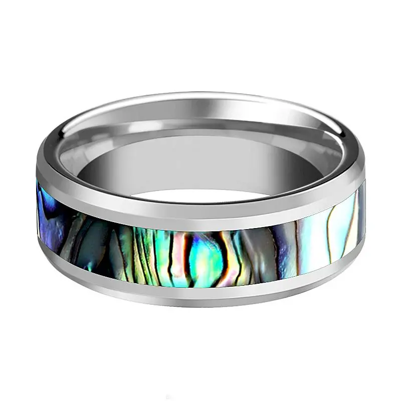 Maui | Silver Tungsten Ring, Mother Of Pearl Inlay, Beveled 2