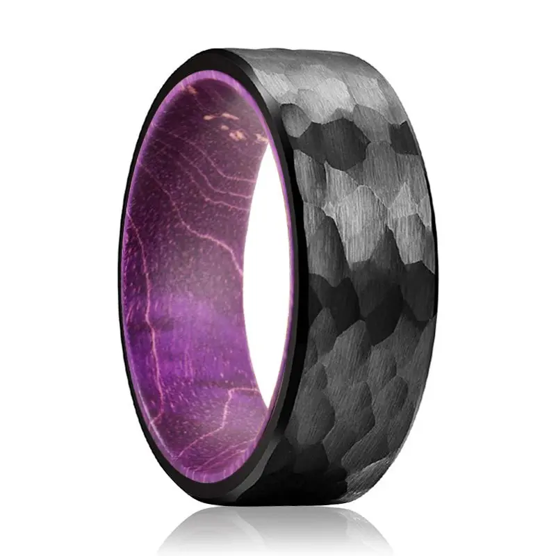 Obsidiroyal | Purple Wood, Black Tungsten Ring, Hammered, Flat 1