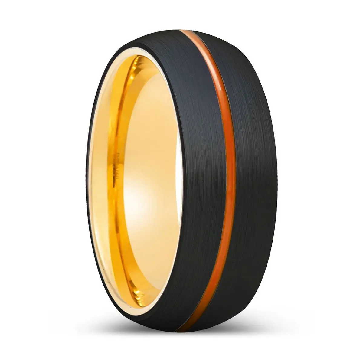 Maverickus | Gold Ring, Black Tungsten Ring, Orange Groove, Domed 1