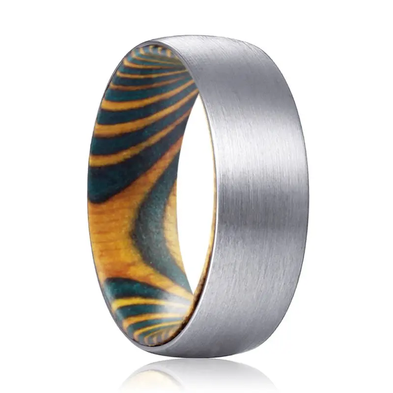 Max | Green & Yellow Wood, Silver Tungsten Ring, Brushed, Domed 1