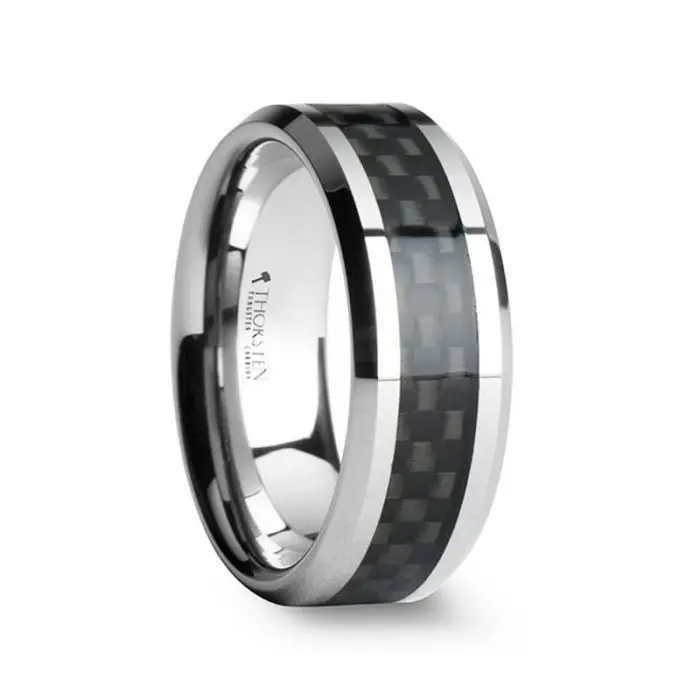 Maximus | Silver Tungsten Ring, Black Carbon Fiber Inlay, Beveled, 10Mm, 12Mm 1