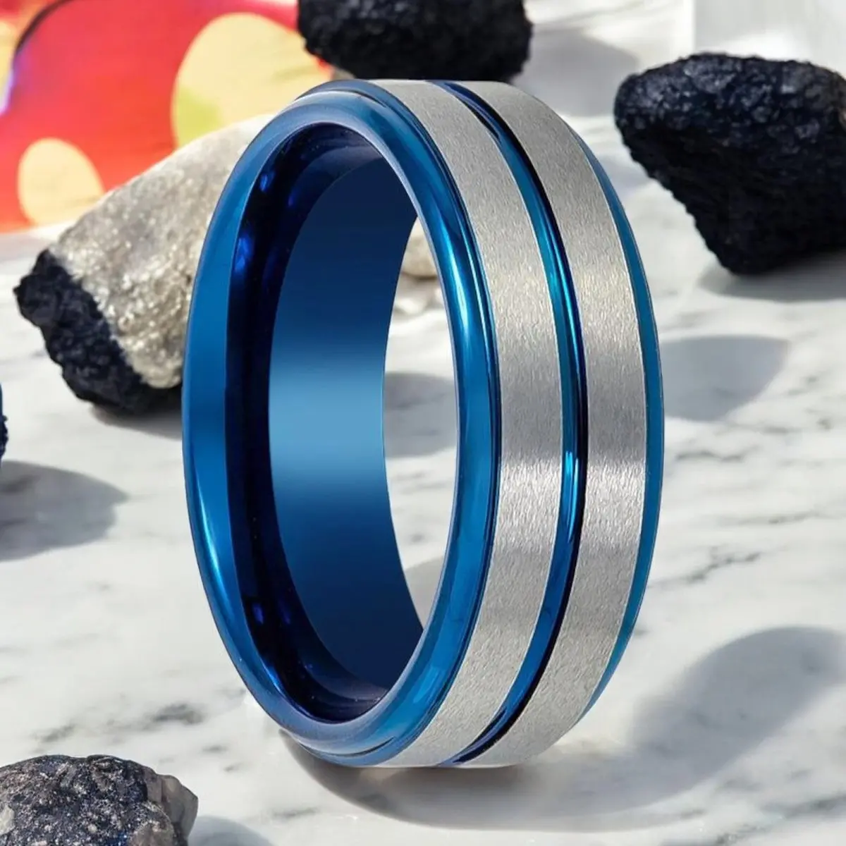 Maxtom | Blue Tungsten Ring, Silver Stripes, Blue Groove, Stepped Edge 1