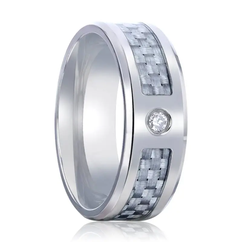 Maybach | Silver Titanium Ring, Diamond Stone, Light Gray Carbon Fiber Inlay, Beveled 1