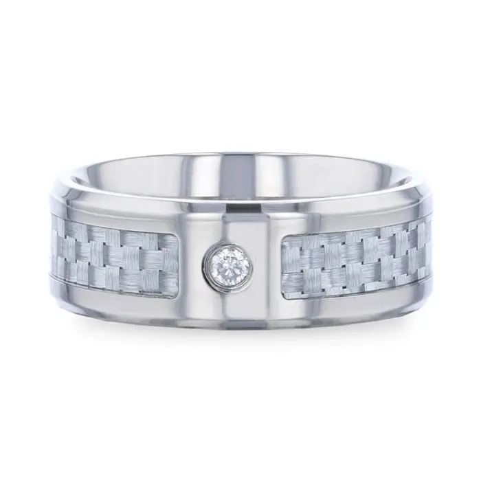 Maybach | Silver Titanium Ring, Diamond Stone, Light Gray Carbon Fiber Inlay, Beveled 3