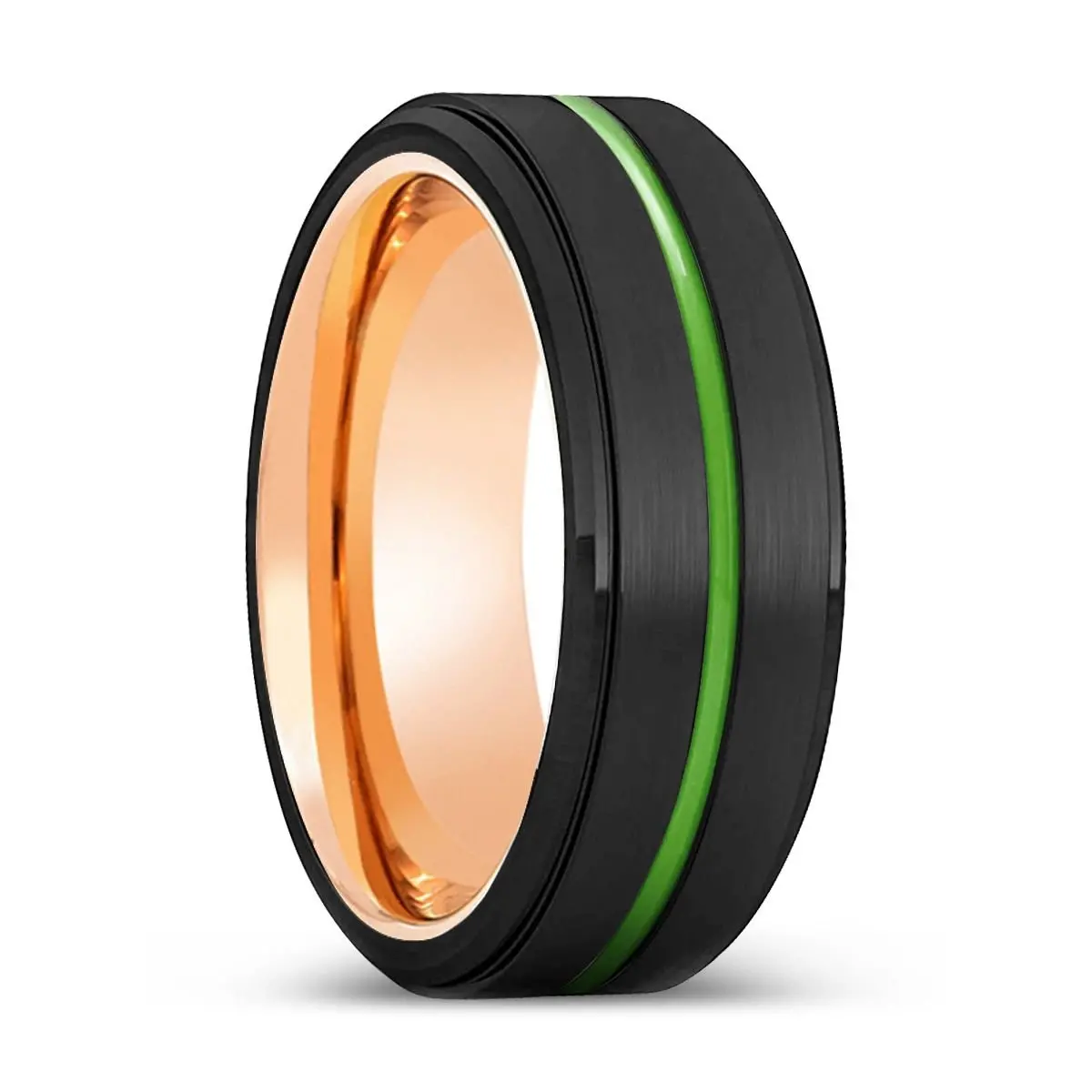 Mcallen | Rose Gold Ring, Black Tungsten Ring, Green Groove, Stepped Edge 1