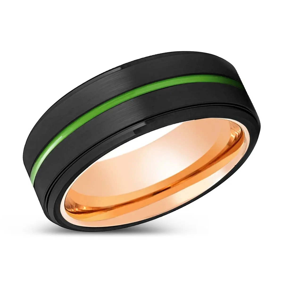 Mcallen | Rose Gold Ring, Black Tungsten Ring, Green Groove, Stepped Edge 2