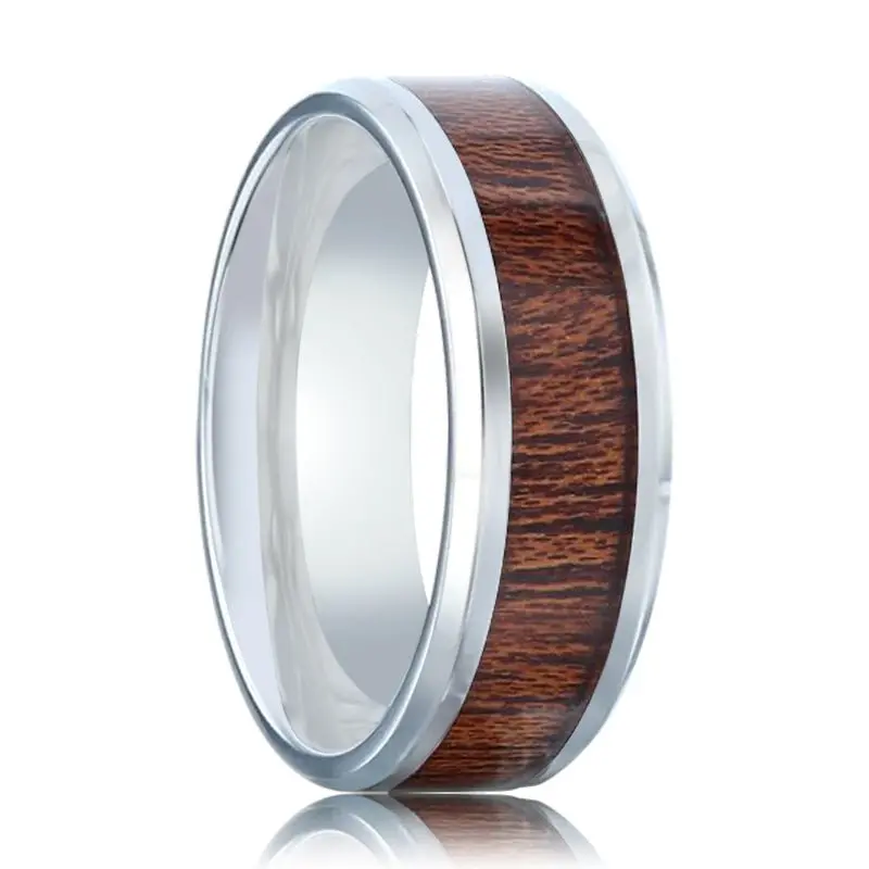 Melia | Silver Titanium Ring, Mahogany Wood Inlay, Beveled 1