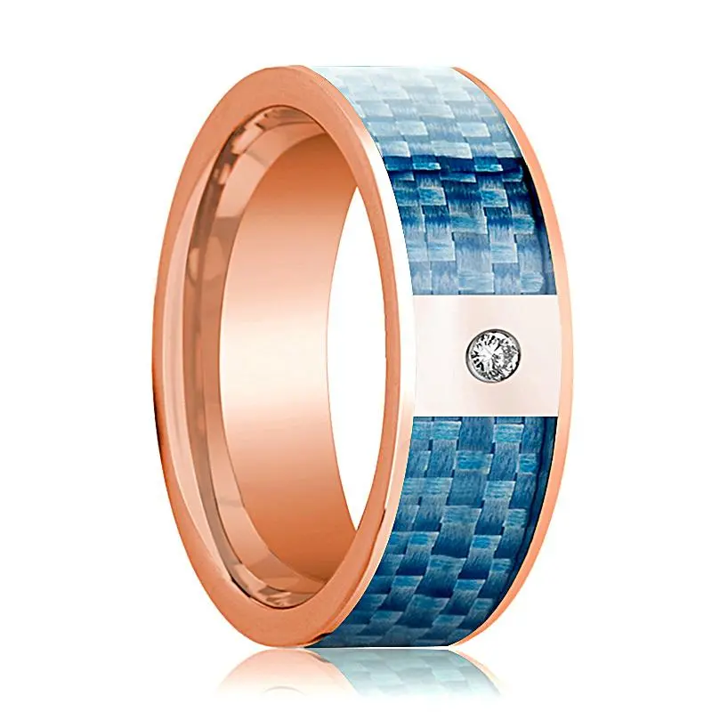 Men's 14K Rose Gold And Diamond Wedding Band With Blue Carbon Fiber Inlay Polished Design - 8Mm 1