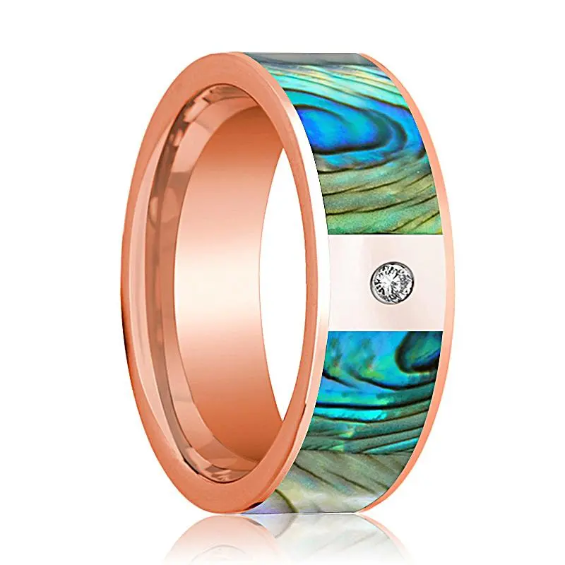Men's 14K Rose Gold And Diamond Wedding Band With Mother Of Pearl Inlay Flat Polished Design - 8Mm 1