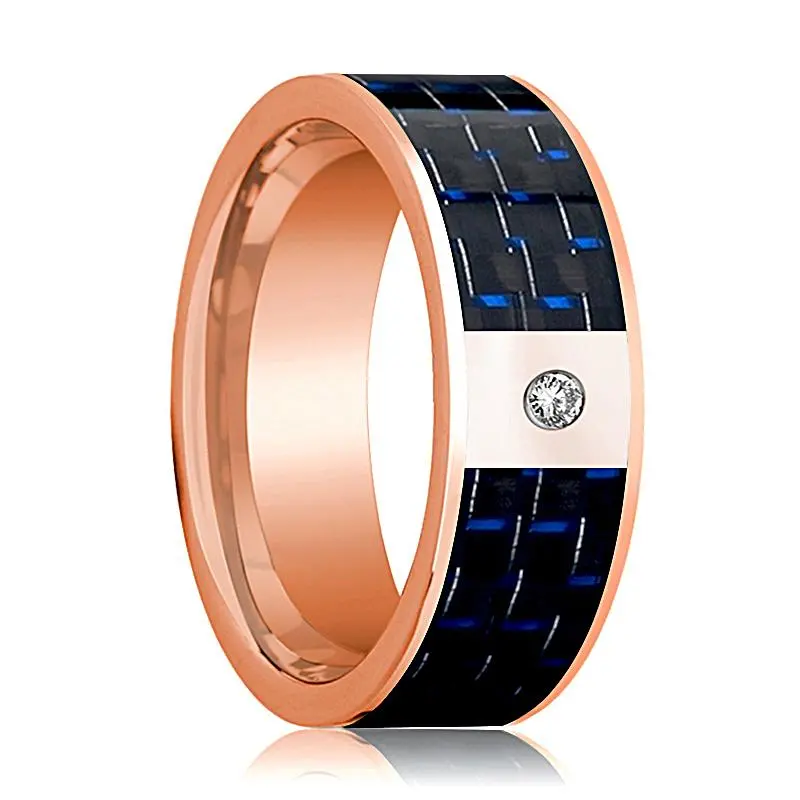 Men's 14K Rose Gold & Diamond Flat Wedding Ring With Blue & Black Carbon Fiber Inlay - 8Mm 1