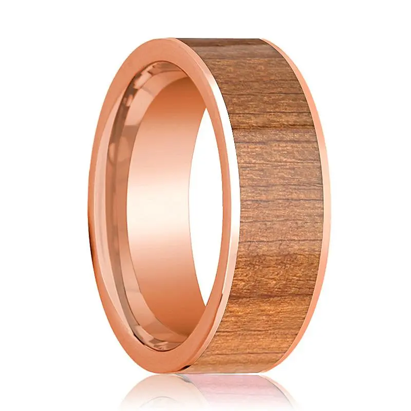 Men's 14K Rose Gold Flat Wedding Band With Cherry Wood Inlay Polished Finish - 8Mm 1