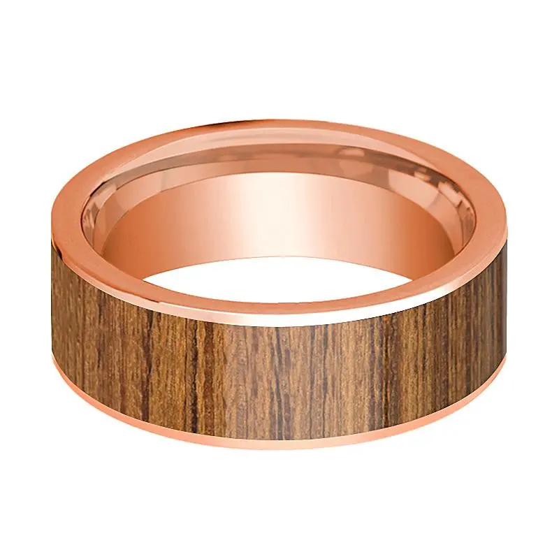 Men's 14K Rose Gold Flat Wedding Band With Teak Wood Inlay Polished Finish - 8Mm 2