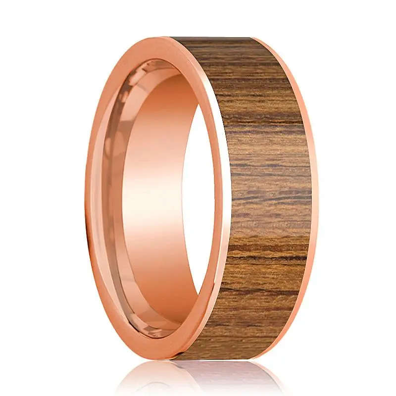 Men's 14K Rose Gold Flat Wedding Band With Teak Wood Inlay Polished Finish - 8Mm 1