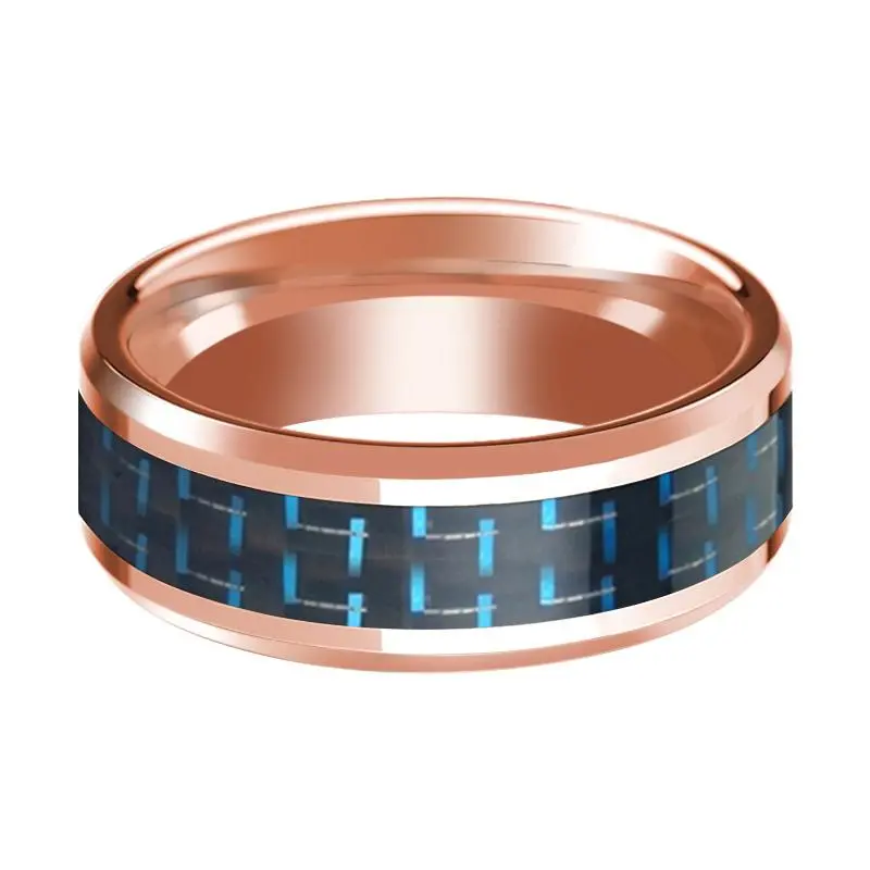Men's 14K Rose Gold Polished Wedding Band With Black & Blue Carbon Fiber Inlay & Bevels - 8Mm 2