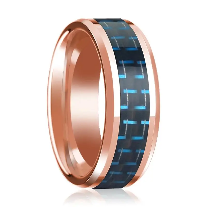 Men's 14K Rose Gold Polished Wedding Band With Black & Blue Carbon Fiber Inlay & Bevels - 8Mm 1