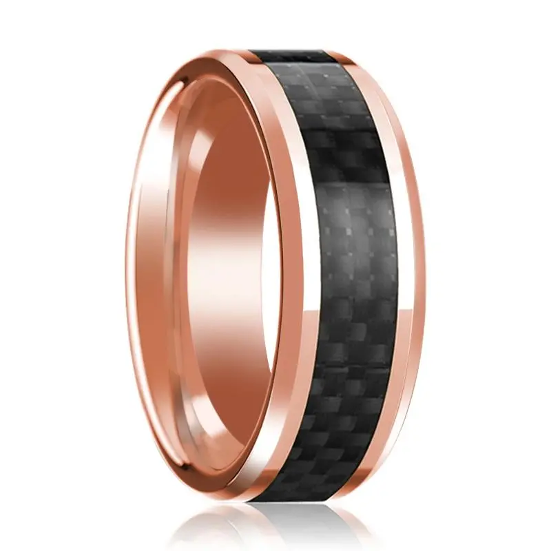 Men's 14K Rose Gold Polished Wedding Band With Black Carbon Fiber Inlay & Beveled Edges - 8Mm 1