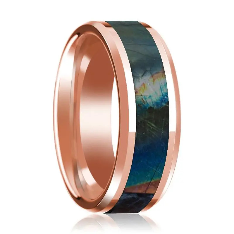 Men's 14K Rose Gold Polished Wedding Band With Spectrolite Inlay & Beveled Edges - 8Mm 1
