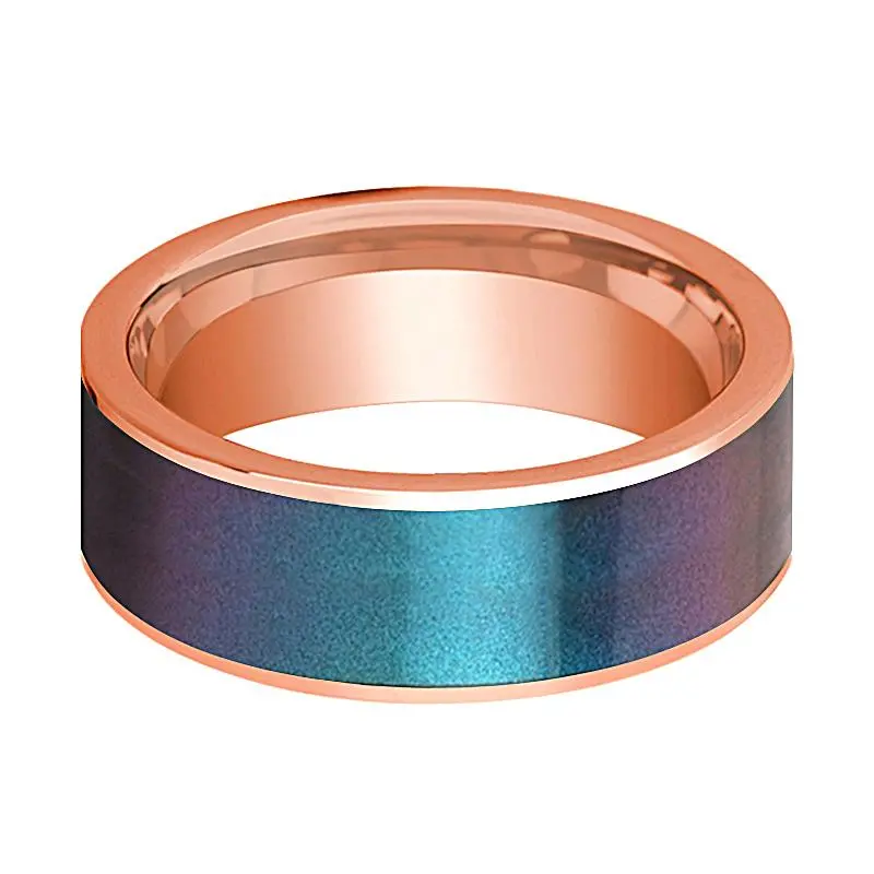 Men's 14K Rose Gold Wedding Band With Blue/Purple Color Changing Inlay Flat Polished Design - 8Mm 2