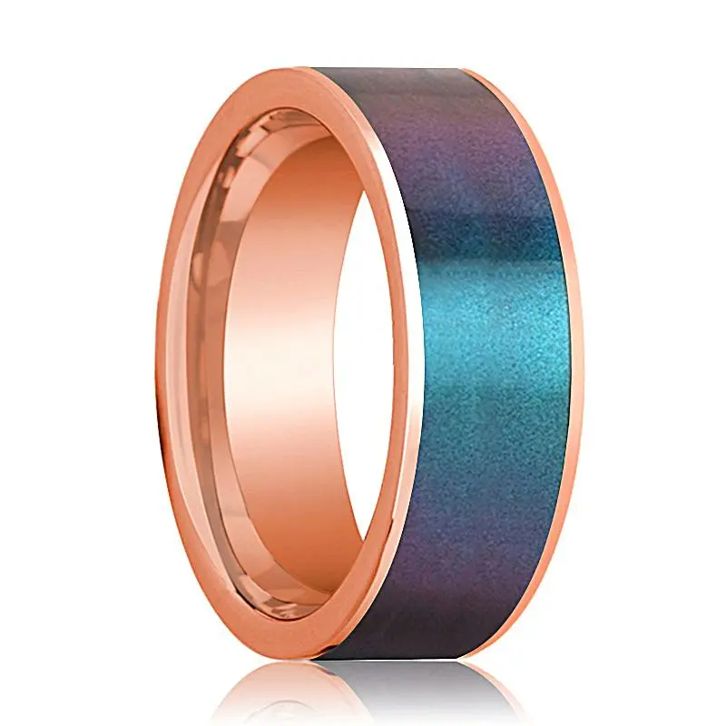 Men's 14K Rose Gold Wedding Band With Blue/Purple Color Changing Inlay Flat Polished Design - 8Mm 1