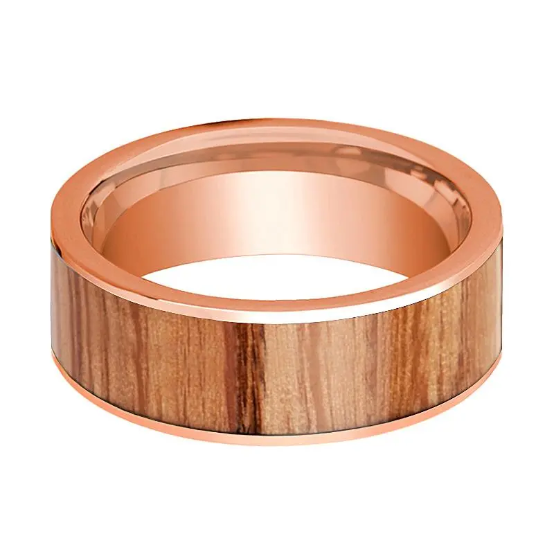 Men's 14K Rose Gold Wedding Band With Red Oak Wood Inlay Polished - 8Mm 2