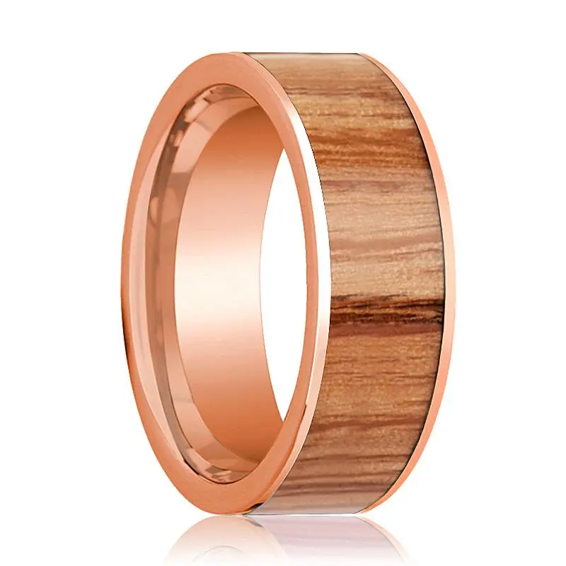 Men's 14K Rose Gold Wedding Band With Red Oak Wood Inlay Polished - 8Mm 1