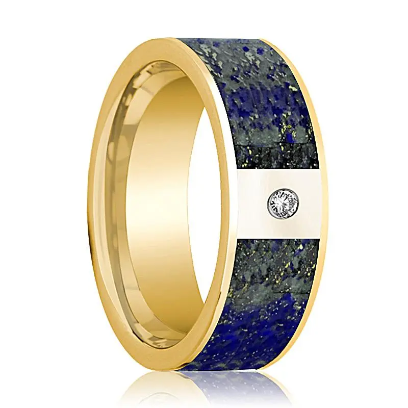 Men's 14K Yellow Gold And Diamond Wedding Band With Blue Lapis Lazuli Inlay - 8Mm 1