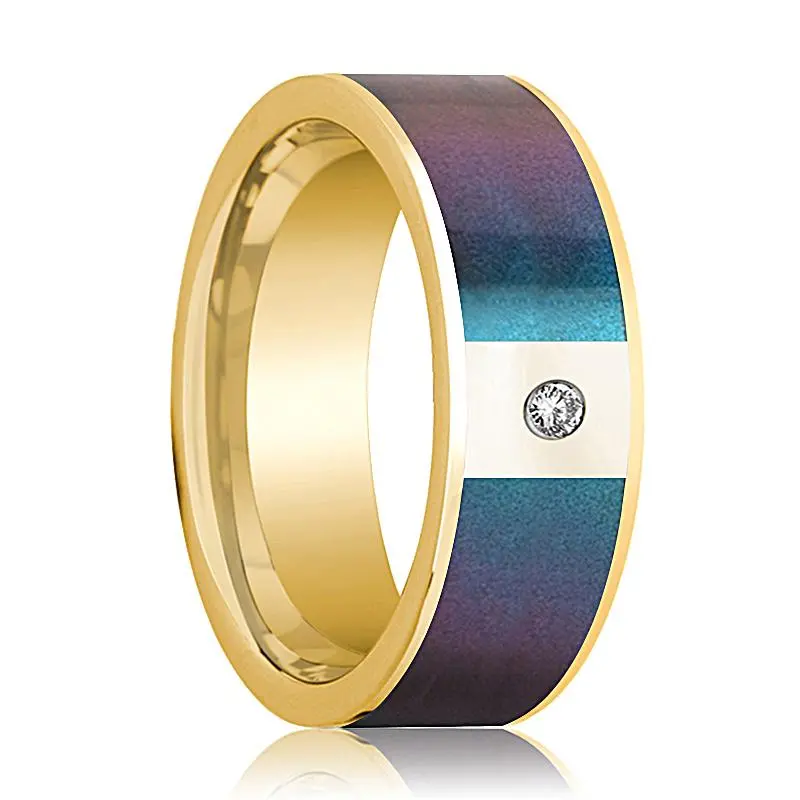 Men's 14K Yellow Gold And Diamond Wedding Band With Blue/Purple Color Changing Inlay - 8Mm 1