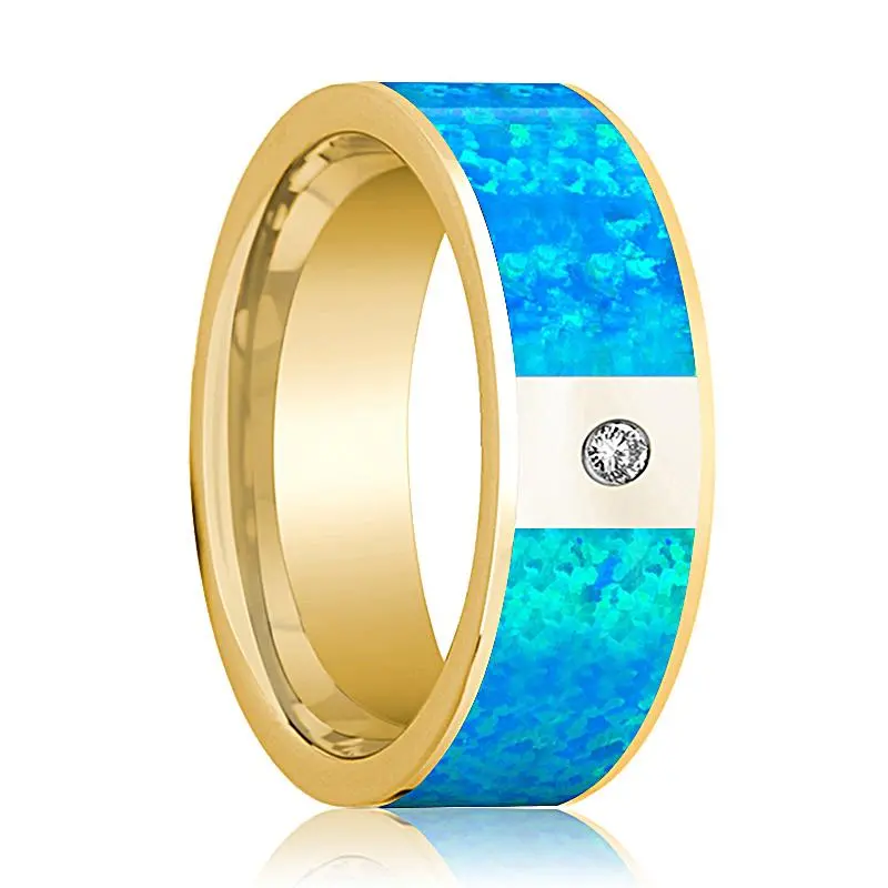 Men's 14K Yellow Gold And Diamond Wedding Ring With Blue Opal Inlay Flat Polished Design - 8Mm 1