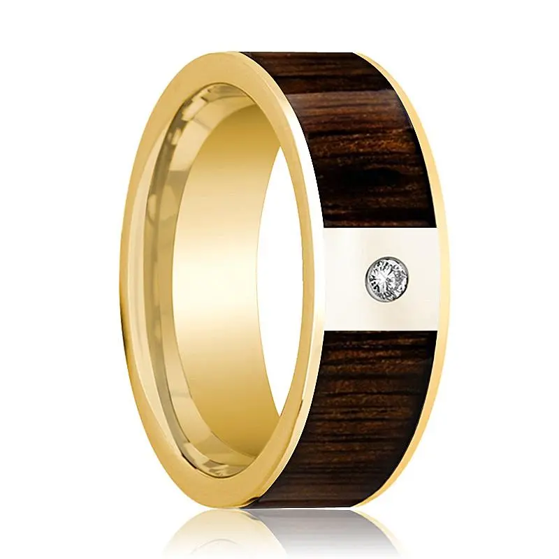 Men's 14K Yellow Gold & Diamond Flat Wedding Band With Black Walnut Inlay - 8Mm 1