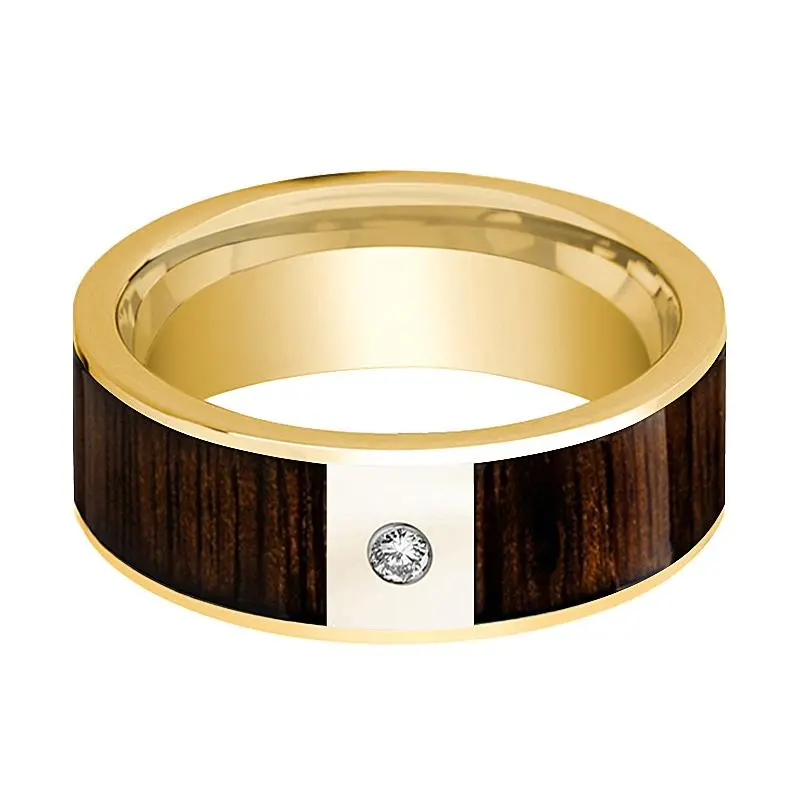 Men's 14K Yellow Gold & Diamond Flat Wedding Band With Black Walnut Inlay - 8Mm 2